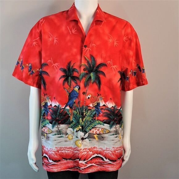 KY Aloha Hawaiian Shirt Parrots Surfboard Beach - Picture 1 of 12